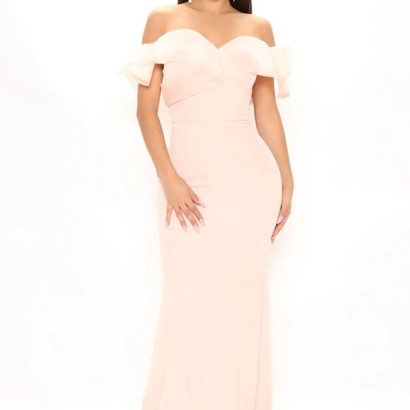 Blush Off-Shoulder Ruffle Gown | Elegant Floor-Length Dress | Size L - Picture 1 of 4